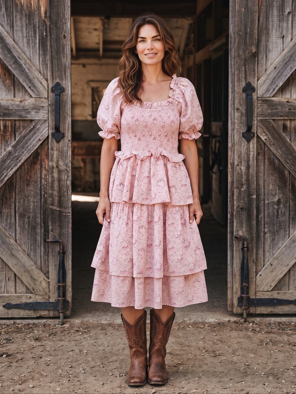 Tuckernuck Romantic Pink Floral Tiered Midi Dress with Puff Sleeves